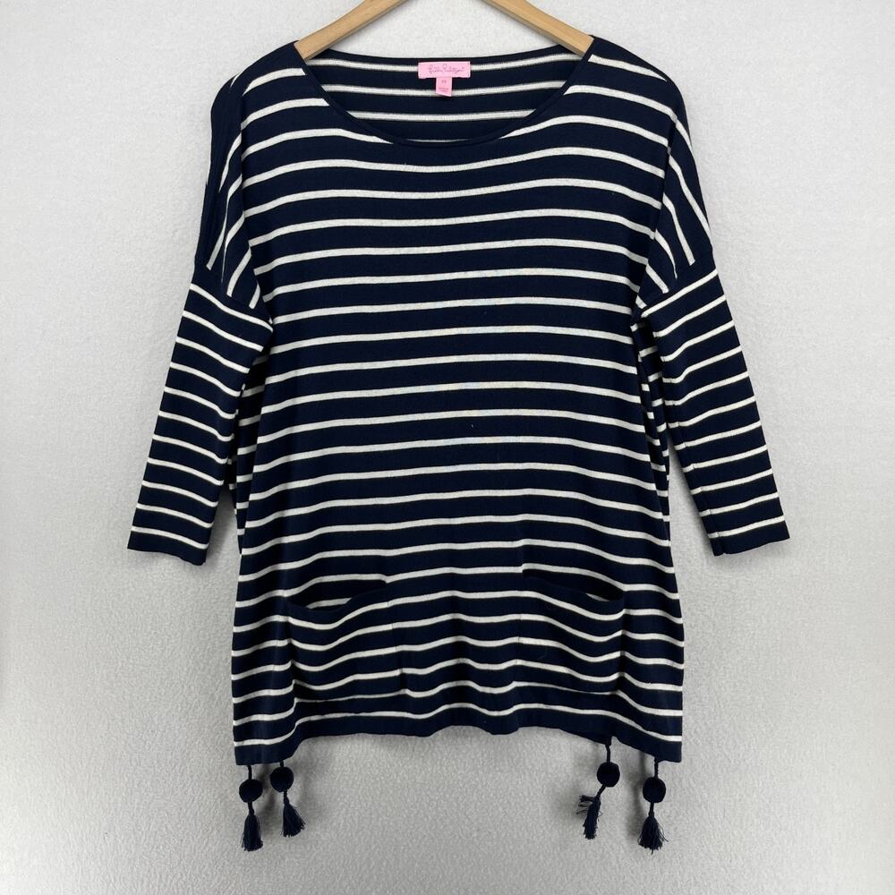 LILLY PULITZER Sweater XS Elba Striped Oversized Poncho Tassel 3/4 Sleeve Blue